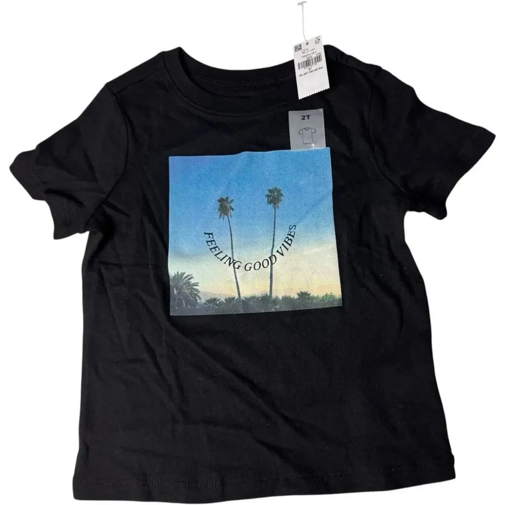 Old navy Black Short Sleeve Kids T-Shirt with Palm Tree  Smiley Face Print Sz 2T